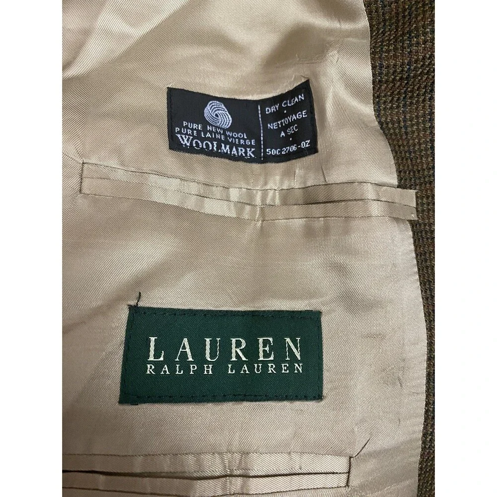 Ralph Lauren Lambs Wool Sports Coat Jacket Brown Windowpayne 39 Regular